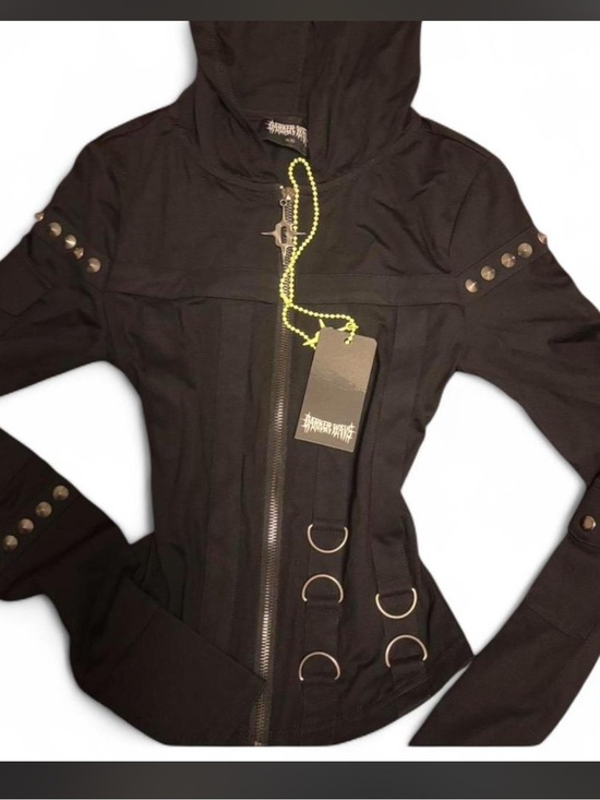 Dolls Kill Jackets & Blazers - Darker Wavs Black Hooded Jacket sweater Hooded Jacket - with studds and d rings
